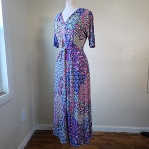 CHAUS NEW YORK Boho Paisley Retro Mod Print Wrap Maxi Dress Women's M
